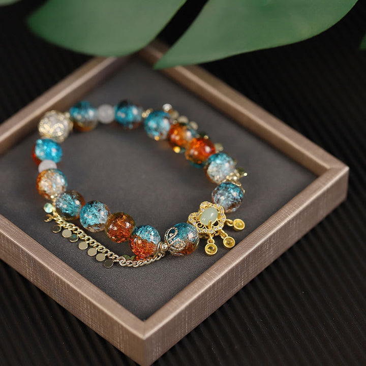 Armband bunte Liuli Glas Perlen chinesisch Glück goldene Kette elegant.