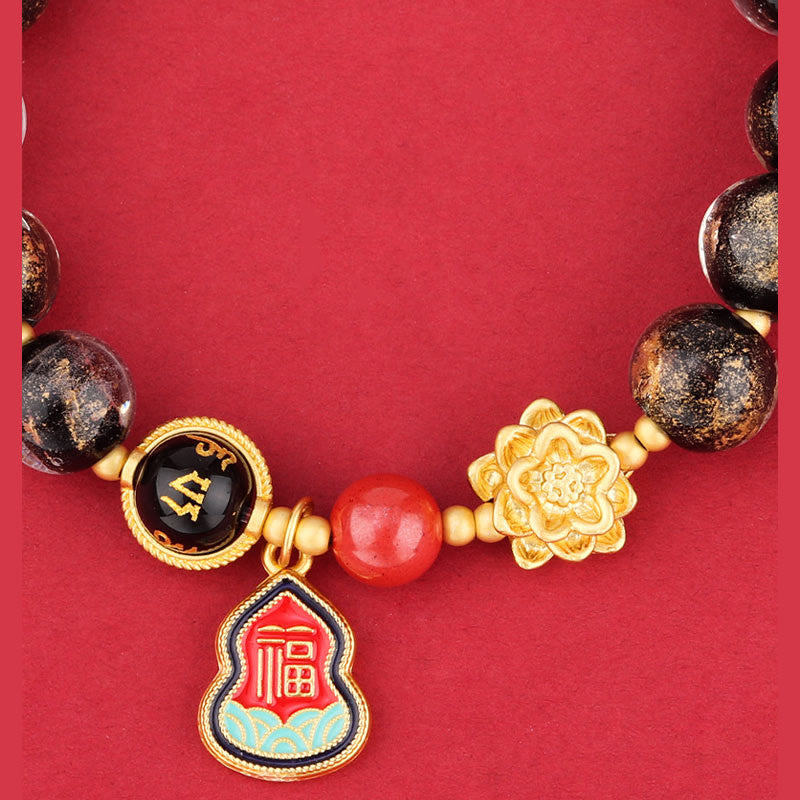 Armband Om Mani Padme Hum Glück rotes Perlen goldene Anhänger Schmuck