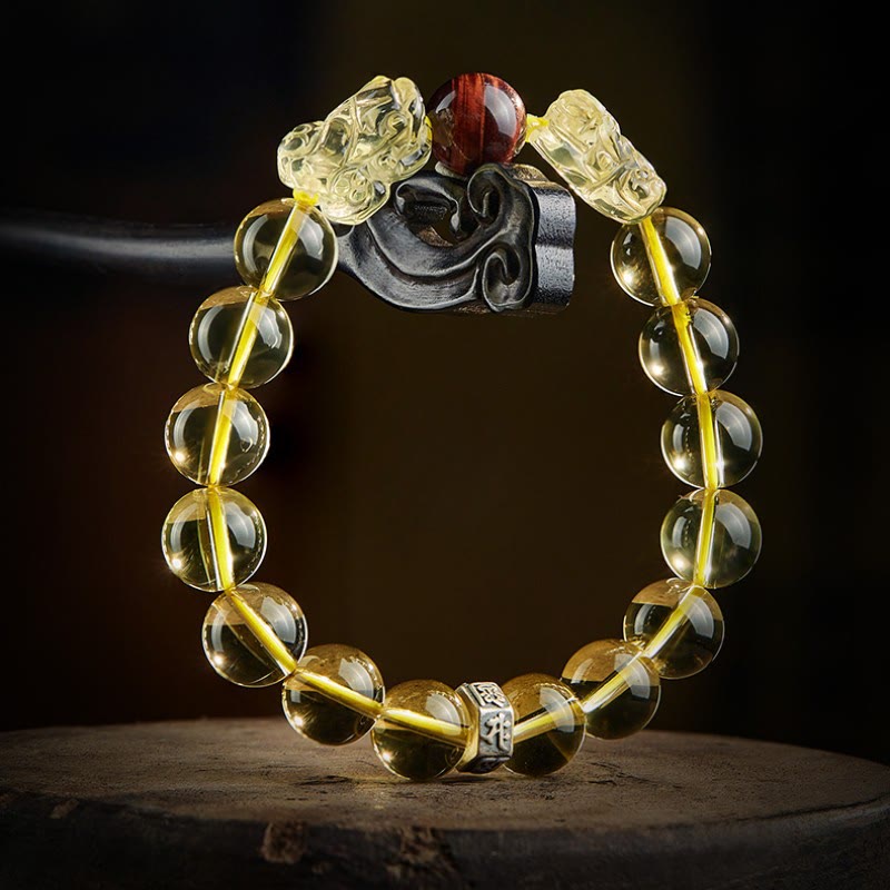 Armband Tigerauge Citrin Pixiu mit goldenen Perlen Schutz Wohlstand