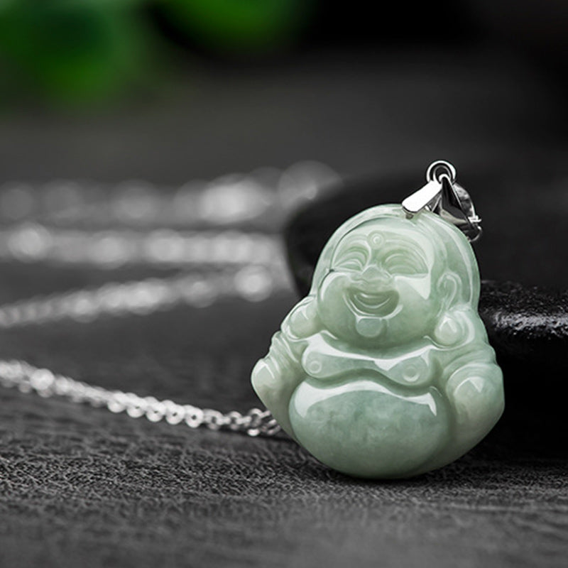 Jade Lachender Buddha Anhänger Halskette grüner Heilstein Segen