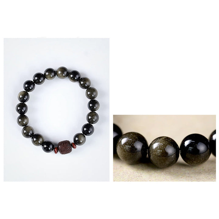 Obsidian Armband mit braunen Perlen und glänzenden schwarzen Steinen elegant.
