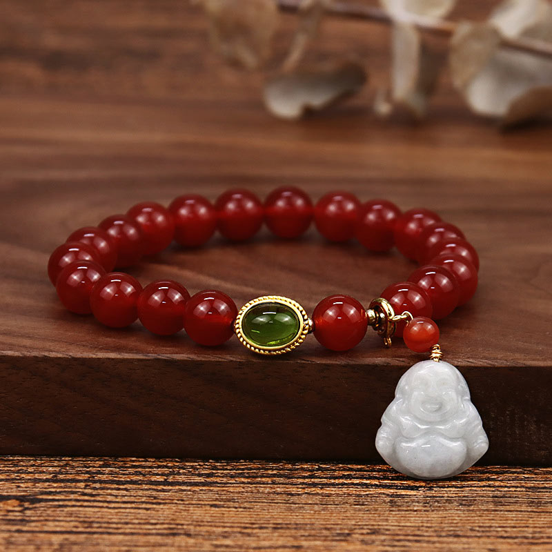 Armband Roter Achat – Erfolg mit weißem JadBuddha Anhänger Holz