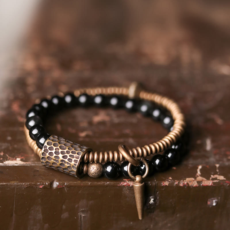 Armband Obsidian Kupfer mit schwarzen Perlen elastisch getragen