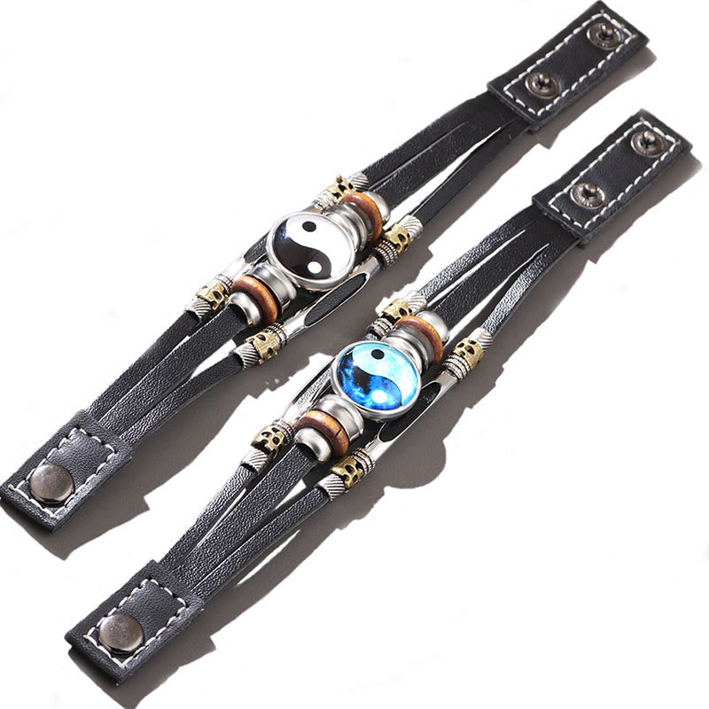 Armband Yin Yang Balance Energie schwarzes Leder Naturstein Perlen
