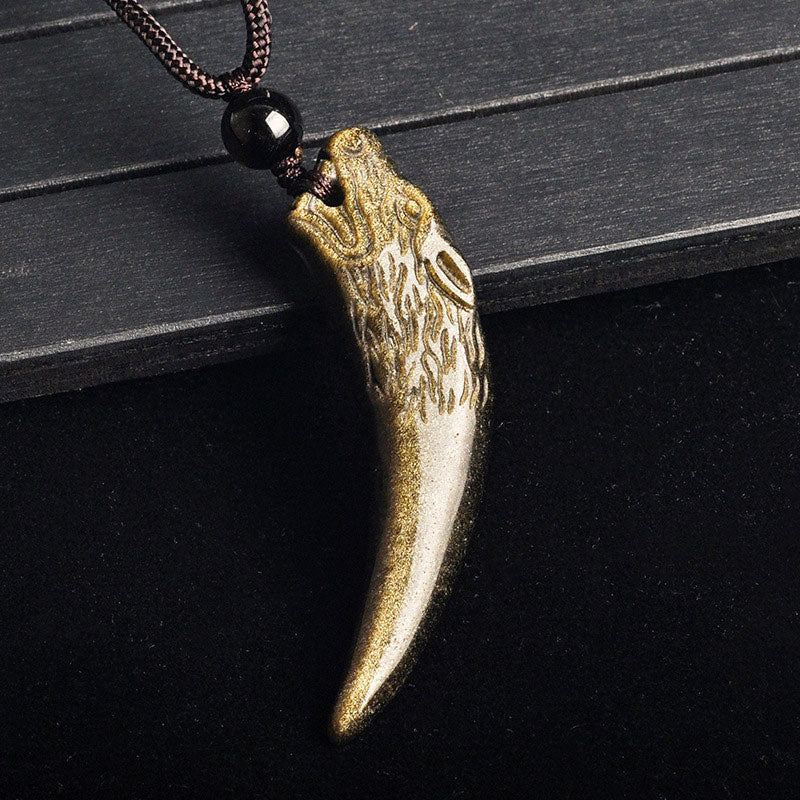 Obsidian Anhänger Kette Wolf Wolfszahn golden Stärke Natur