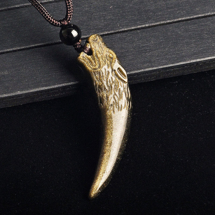 Obsidian Anhänger Kette Wolf Wolfszahn golden Stärke Natur