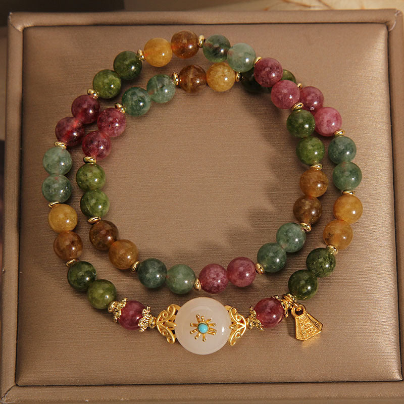 Buntes Tourmaline Jade Armband mit Blume Naturstein elastisch.