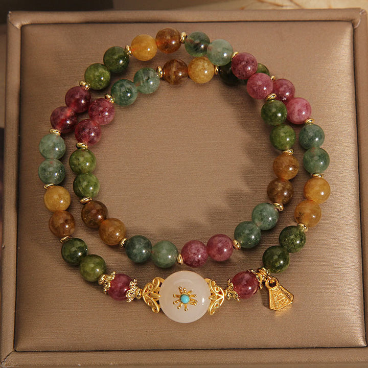 Buntes Tourmaline Jade Armband mit Blume Naturstein elastisch.