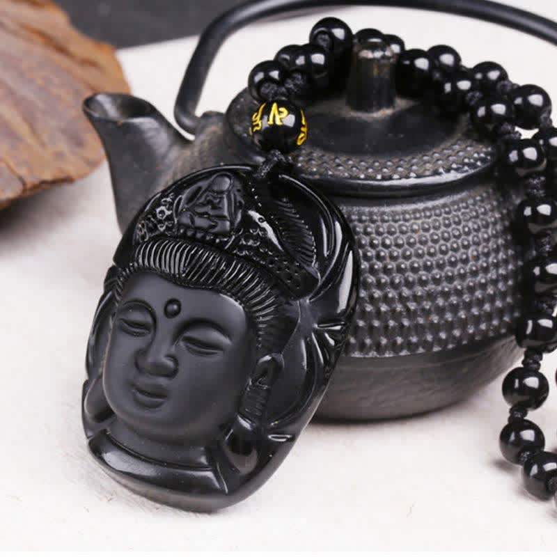 Anhänger Kette schwarze Obsidian Avalokitesvara Buddha Halskette