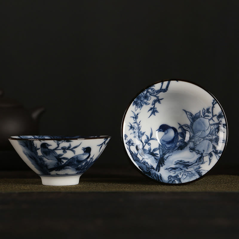 Teetassen Aus Porzellan Fu-Zeichen Lotus Berge Blauer Vogel Zweige