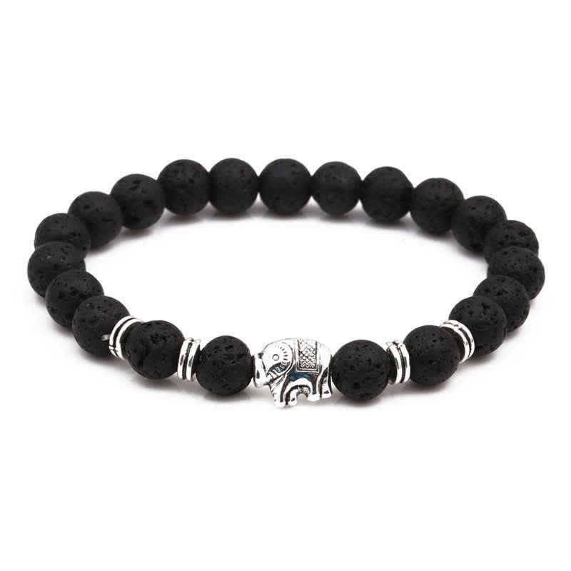 Schwarzes Lava-Armband mit silbernem Elefant Charm elastisch tragbar