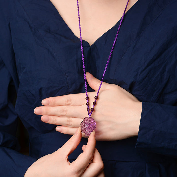 Anhänger Kette Amethyst Neunschweif-Fuchs Glück lila geschnitzt