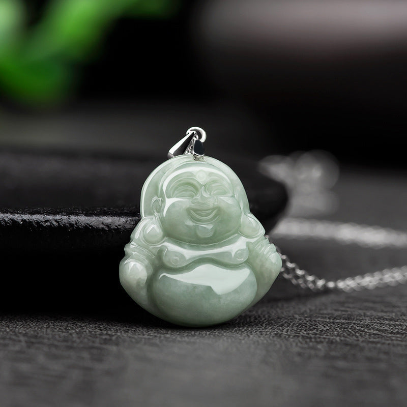 Jade Lachender Buddha Anhänger Segen Heilstein grüner Stein Halskette