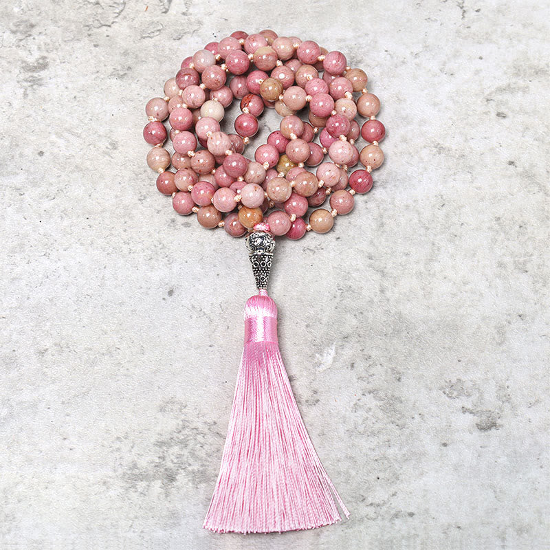 Mala 108 Rhodonit Perlen Yoga Halskette rosa Quaste Flatlage