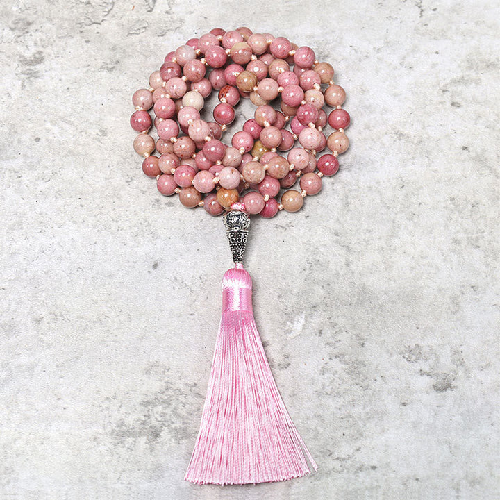 Mala 108 Rhodonit Perlen Yoga Halskette rosa Quaste Flatlage
