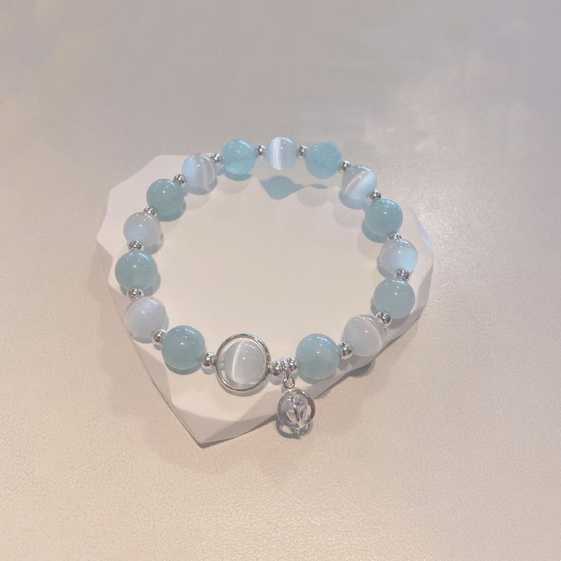 Aquamarin Armband 925 Silber mit Katze Anhänger hellblau weiß