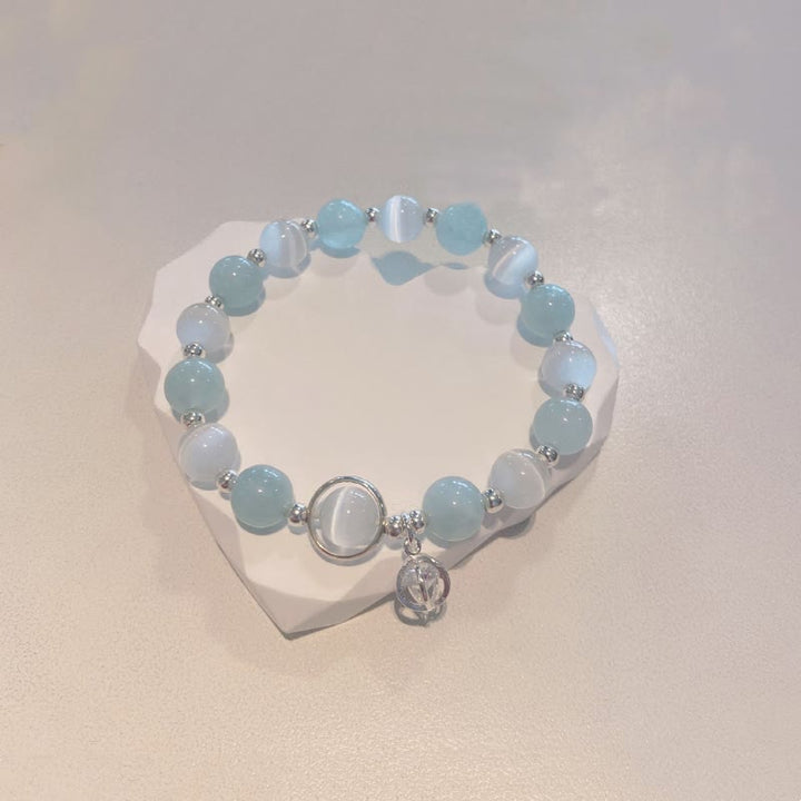 Aquamarin Armband 925 Silber mit Katze Anhänger hellblau weiß