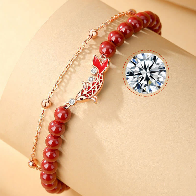 Armband 925 Silber Zinnober Koi Fisch rotes Perlenarmband Handgelenk getragen