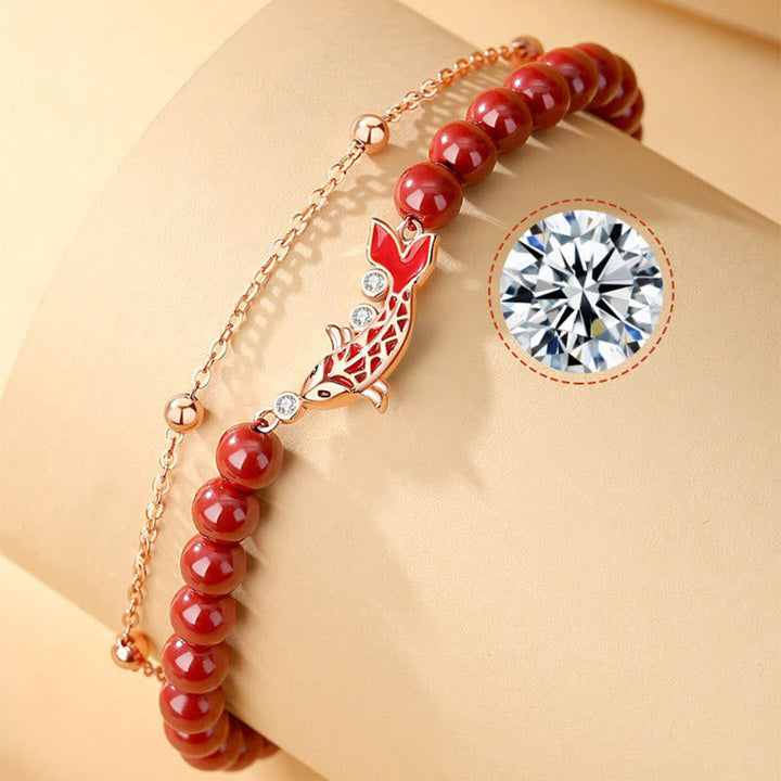 Armband 925 Silber Zinnober Koi Fisch rotes Perlenarmband Handgelenk getragen