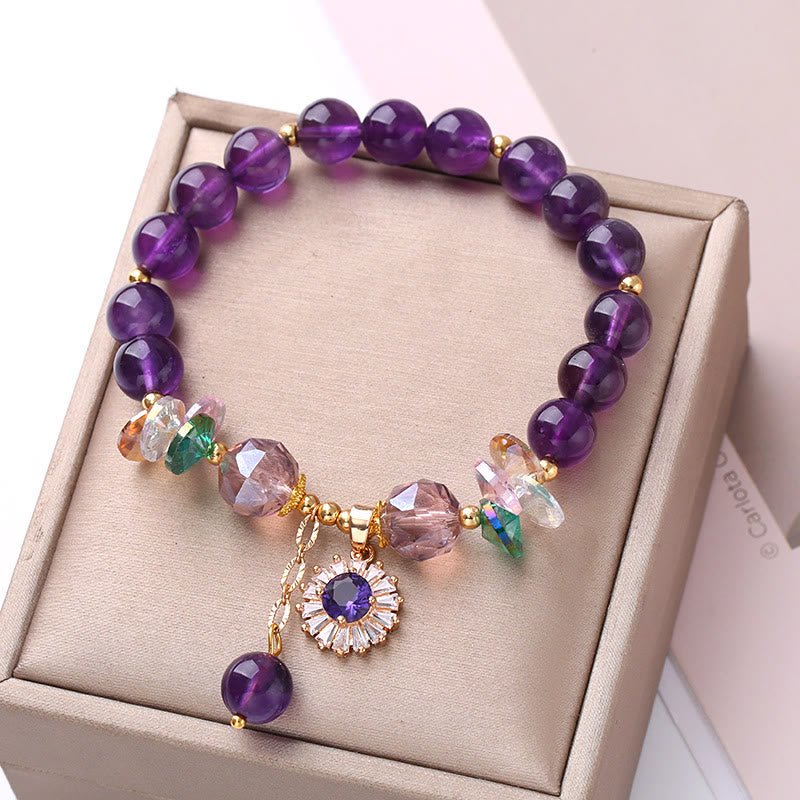 Armband Amethyst – Heilung mit lila Steinen und Blütenanhänger