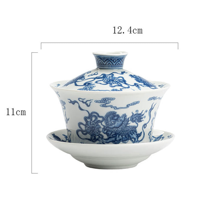 Teetassen Weiß Porzellan Gaiwan Koi Lotus Löwentanz