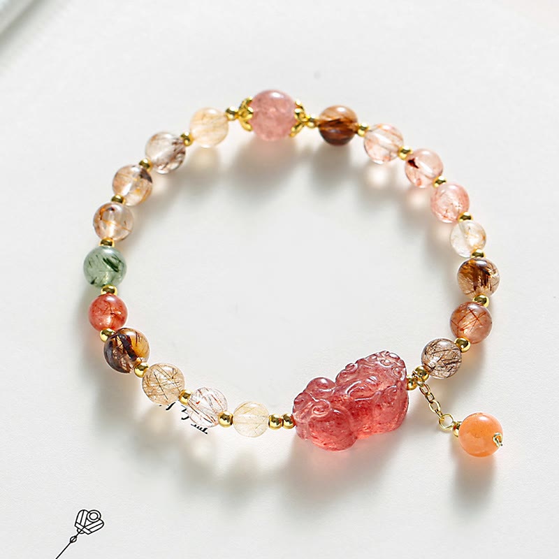 Armband Erdbeerquarz Pixiu Wohlstand bunte Natursteine gold Perlen