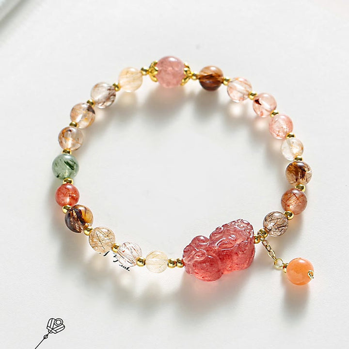 Armband Erdbeerquarz Pixiu Wohlstand bunte Natursteine gold Perlen