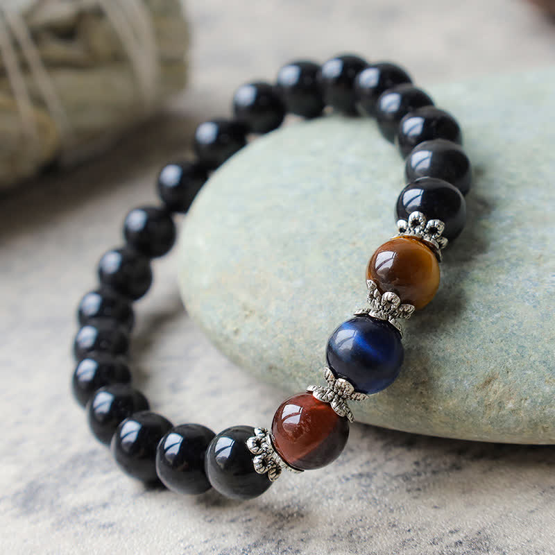Armband Schwarzer Obsidian Tigerauge Stärke Energie Naturstein elastisch glänzend