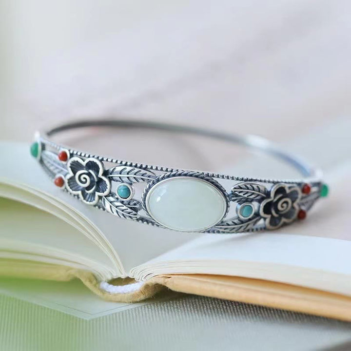 Armband Weiße Jade mit Blumenmuster Silber elegant offen