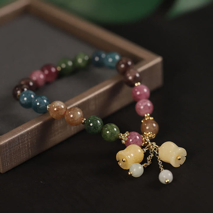 Buntes Turmalin Armband mit Blüten und Perlen Anhängern elastisch
