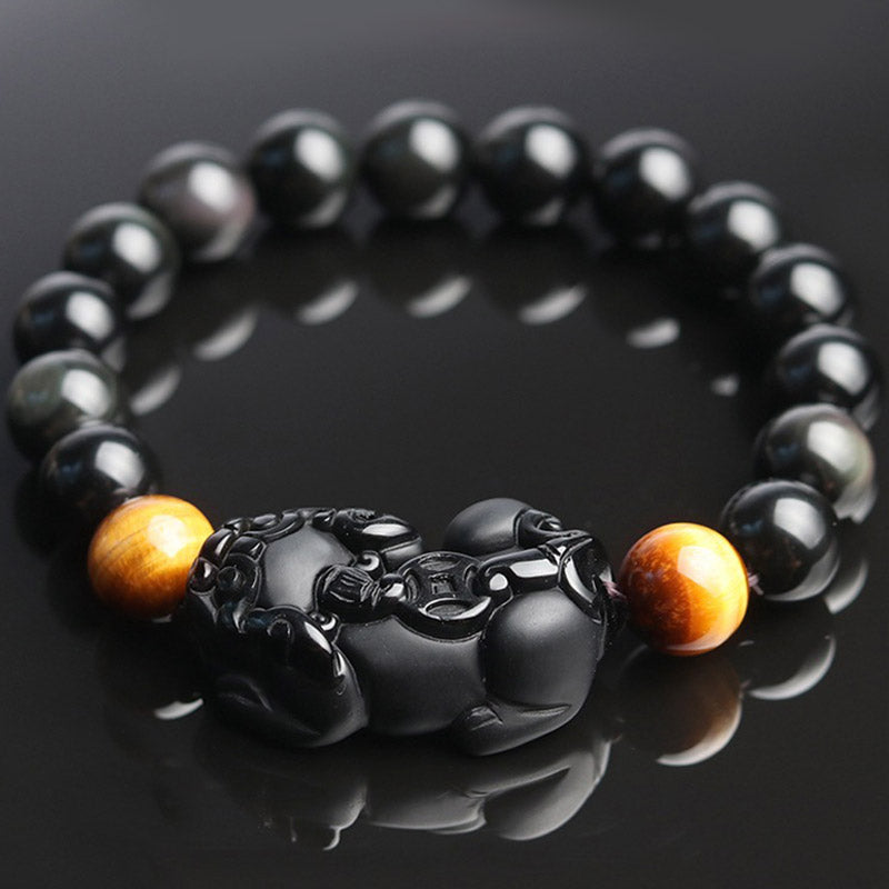 Schwarzes Obsidian Pixiu Armband mit goldenem Tigerauge Naturstein