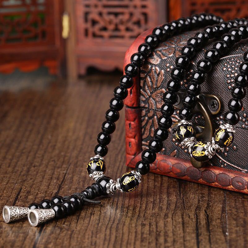 Mala Schwarzer Obsidian Schutz Mantra -6 Wahre Worte