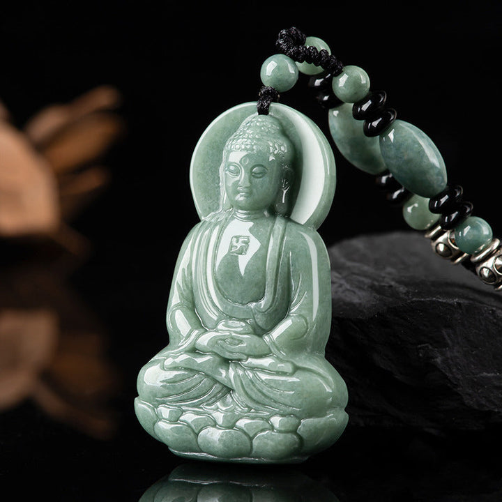Anhänger Kette Jade Amitabha Buddha Mitgefühl grün Lotussitz
