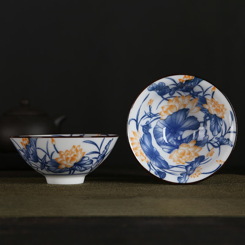 Teetassen Aus Porzellan Fu-Zeichen Lotus Berge Orange Lotus Blaue Blätter