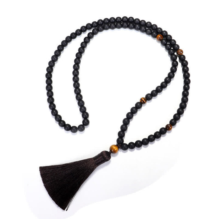Mala 108 Perlen Tigerauge schwarze Perlen Quaste Meditation Balance