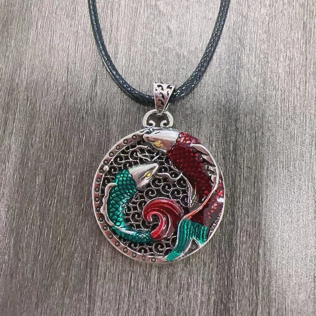 Tibetische Kette, Kupfer, Koi, Lederband, Anhänger, Heilung