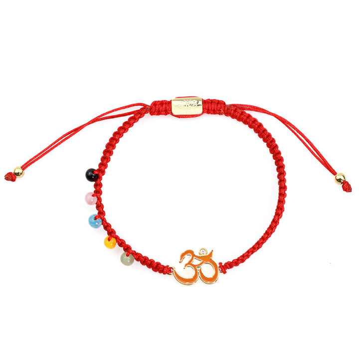 Rotes Schnur Armband Tibet OM Symbol mit bunten Perlen elastisch