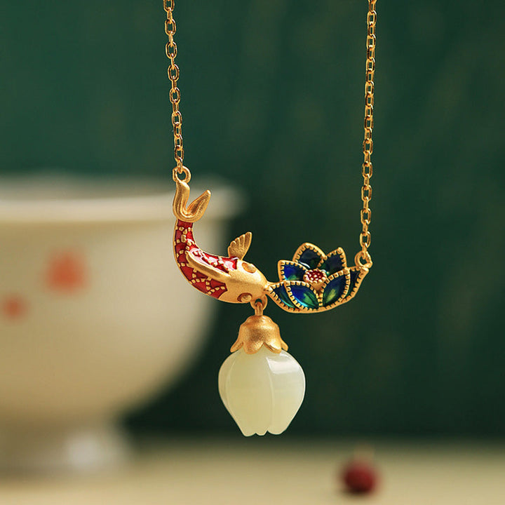 Anhänger Kette Jade Koi Lotus Kupfer Schutz