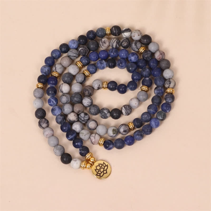 Mala Sodalit Jaspis Lotus Stärke Armband Naturstein gold Perlen