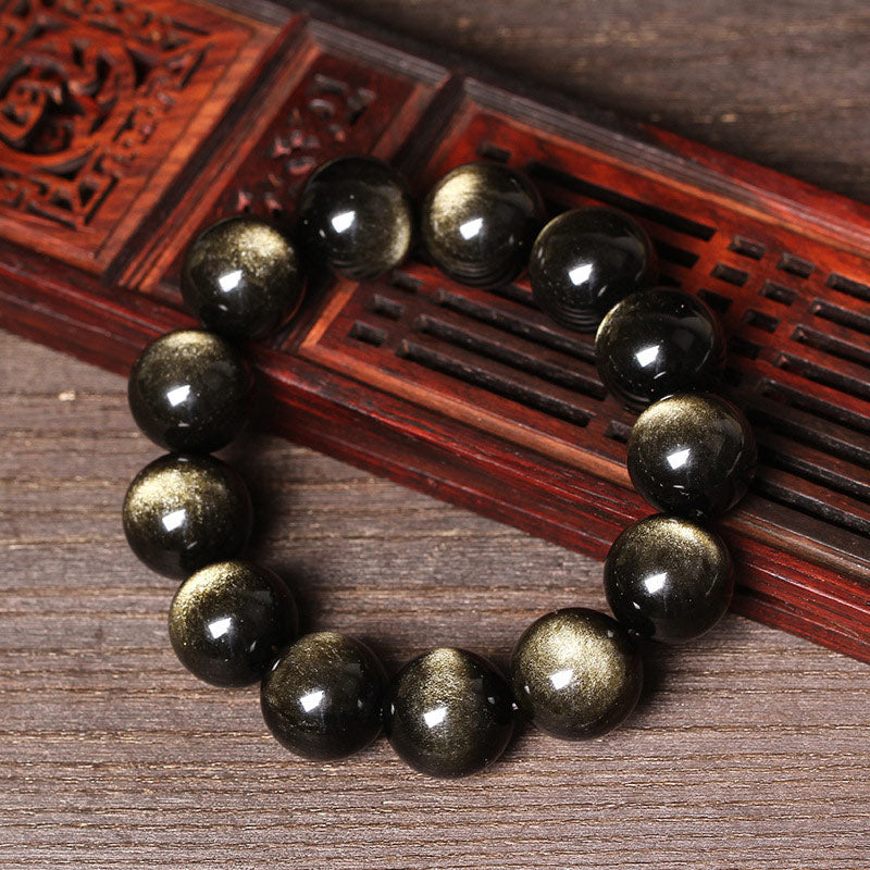 Armband Tibetanischer Obsidian schwarze glänzende Perlen Naturstein elegant