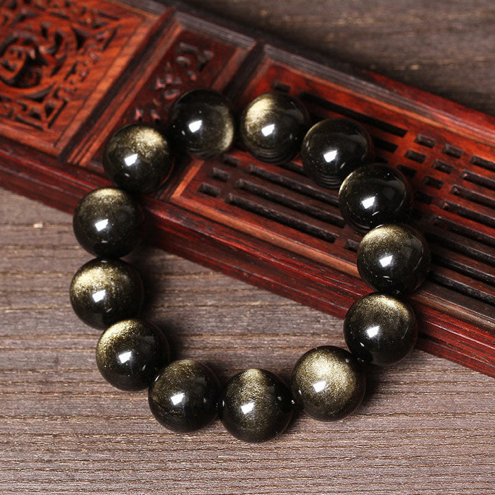 Armband Tibetanischer Obsidian schwarze glänzende Perlen Naturstein elegant