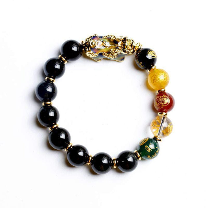 Obsidian Pixiu Armband mit schwarzen Steinen und goldenem Verschluss Wohlstand
