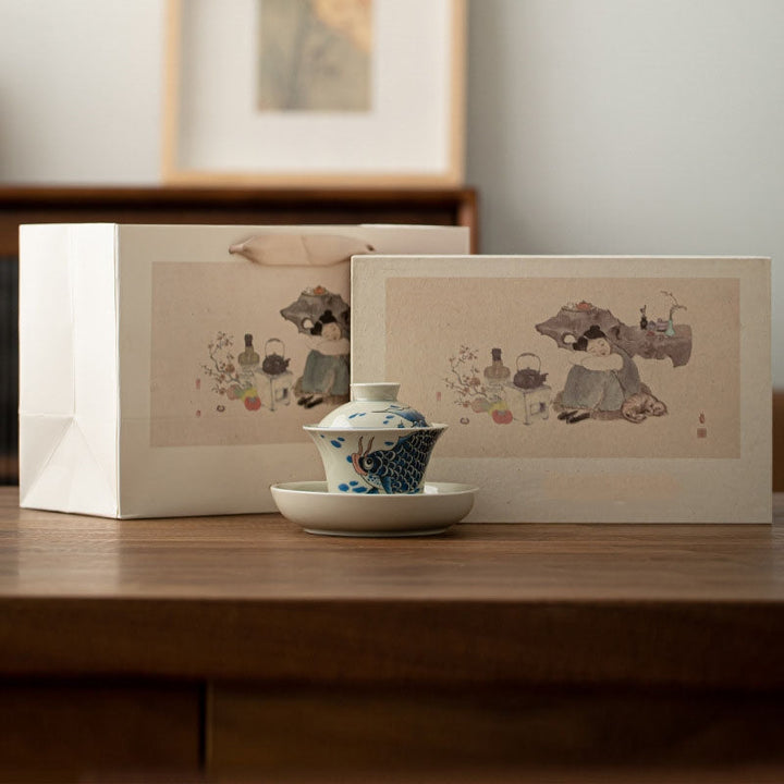 Gaiwan Koi Arowana Sancai Keramik 130ml Blauer Koi Gaiwan Teetasse (Geschenkbox)