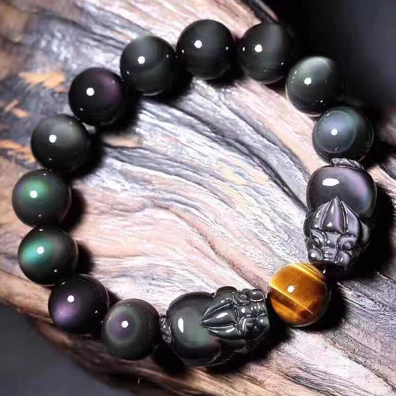 Armband Obsidian Pixiu mit schwarzen Steinen und goldenem Achat Perle