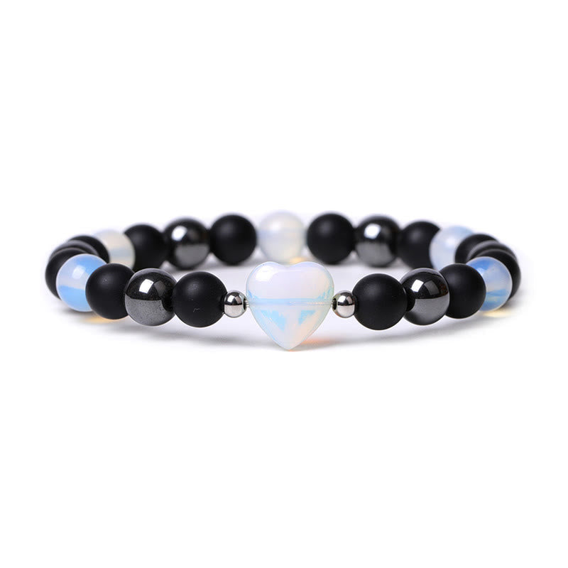 Armband Schwarzer Onyx Tigerauge mit Opalherz elegantes Design elastisch
