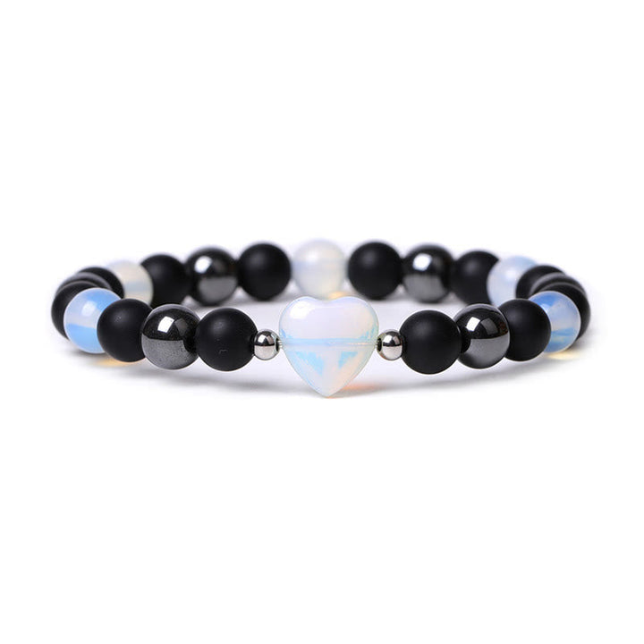 Armband Schwarzer Onyx Tigerauge mit Opalherz elegantes Design elastisch