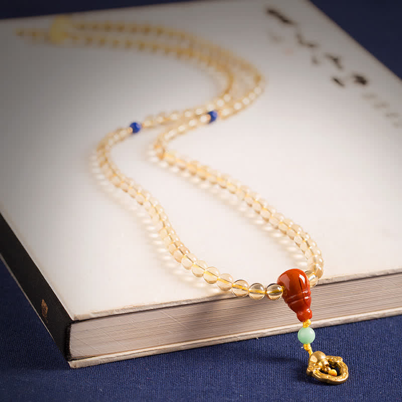 Mala Halskette Roter Achat Citrin Perlen Blaustein Anhänger Gold