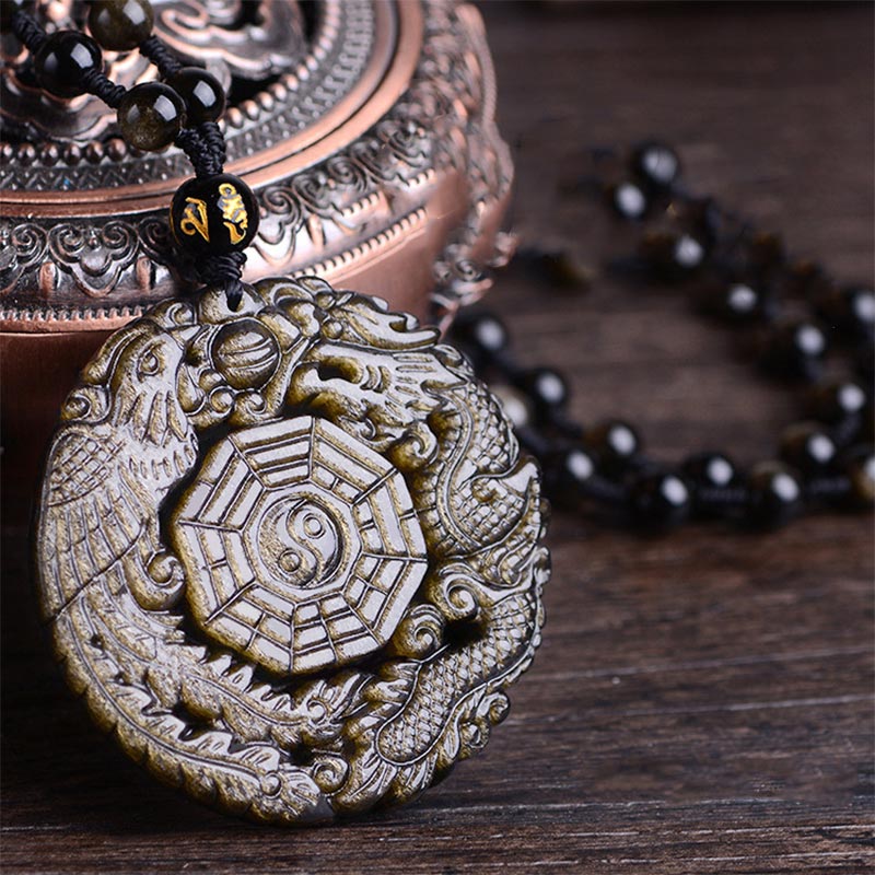 Anhänger Kette goldene Obsidian Yin Yang Heilung Naturstein Schmuck
