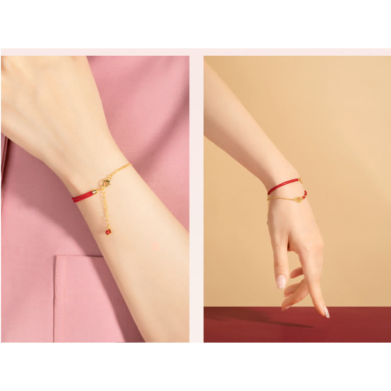 Rotes Seidenarmband mit Glück & Stärke & Energie Anhänger goldfarben