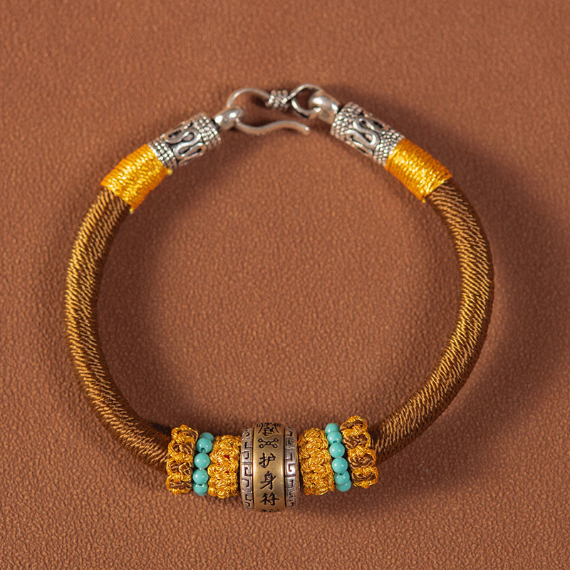 Armband – Schutz & Glück Stärke goldenes Seil Türkis Perlen Silber.